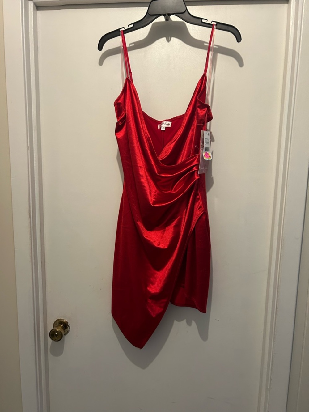 Emerald Sundae Shiny Red Satin Cowl Mini Dress with Asymmetric Hem